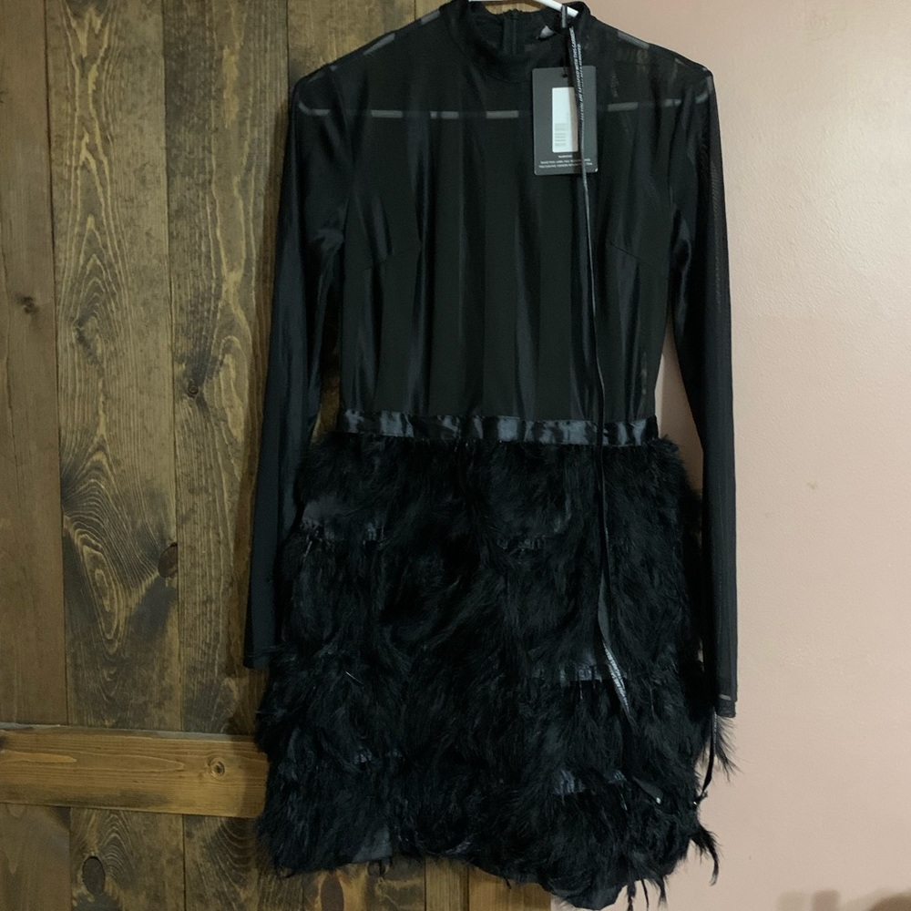 New PrettyLittleThing Fawn Black Feather Dress
